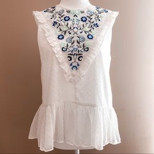 Blue Rain White Floral Embroidered Dot Blouse